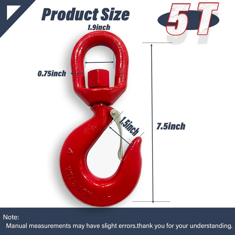 HANDRERLEE 5 Ton Swivel Hook, Heavy Duty Swivel Lifting Hook, Hoist Hook Rigging with Latch, G80 Swivel Eye Hook, 11000 Lbs Load Capacity(1PCS, Red) - Image 2